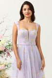 Purple A Line Sweetheart Tea Length Party Dress with Embroidery