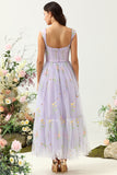 Purple A Line Sweetheart Tea Length Party Dress with Embroidery