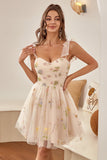 Cute Purple A Line Spaghetti Straps Ruched Homecoming Dress with Embroidery