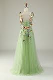 Champagne A Line Spaghetti Straps Tulle Formal Dress With 3D Flowers