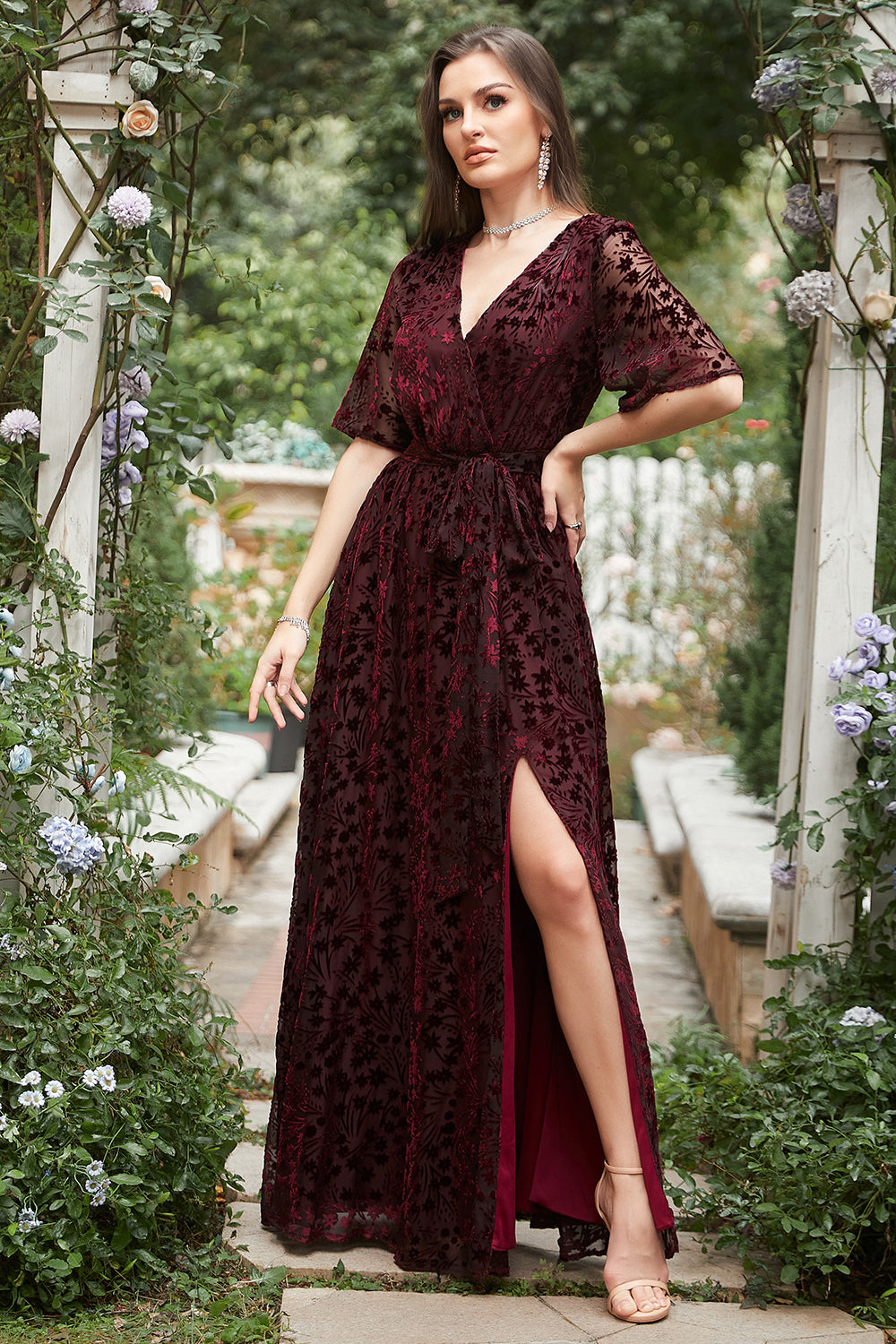 Wedtrend Women Rust Burnout Velvet Bridesmaid Dress with Short Sleeve A-Line V Neck Split Front Floor Length Wedding Party Dress WEDTREND Wedtrend Women Rust Burnout Velvet Bridesmaid Dress with Short Sleeve A-Line V Neck Split Front Floor Length Wedding Party Dress WEDTREND
