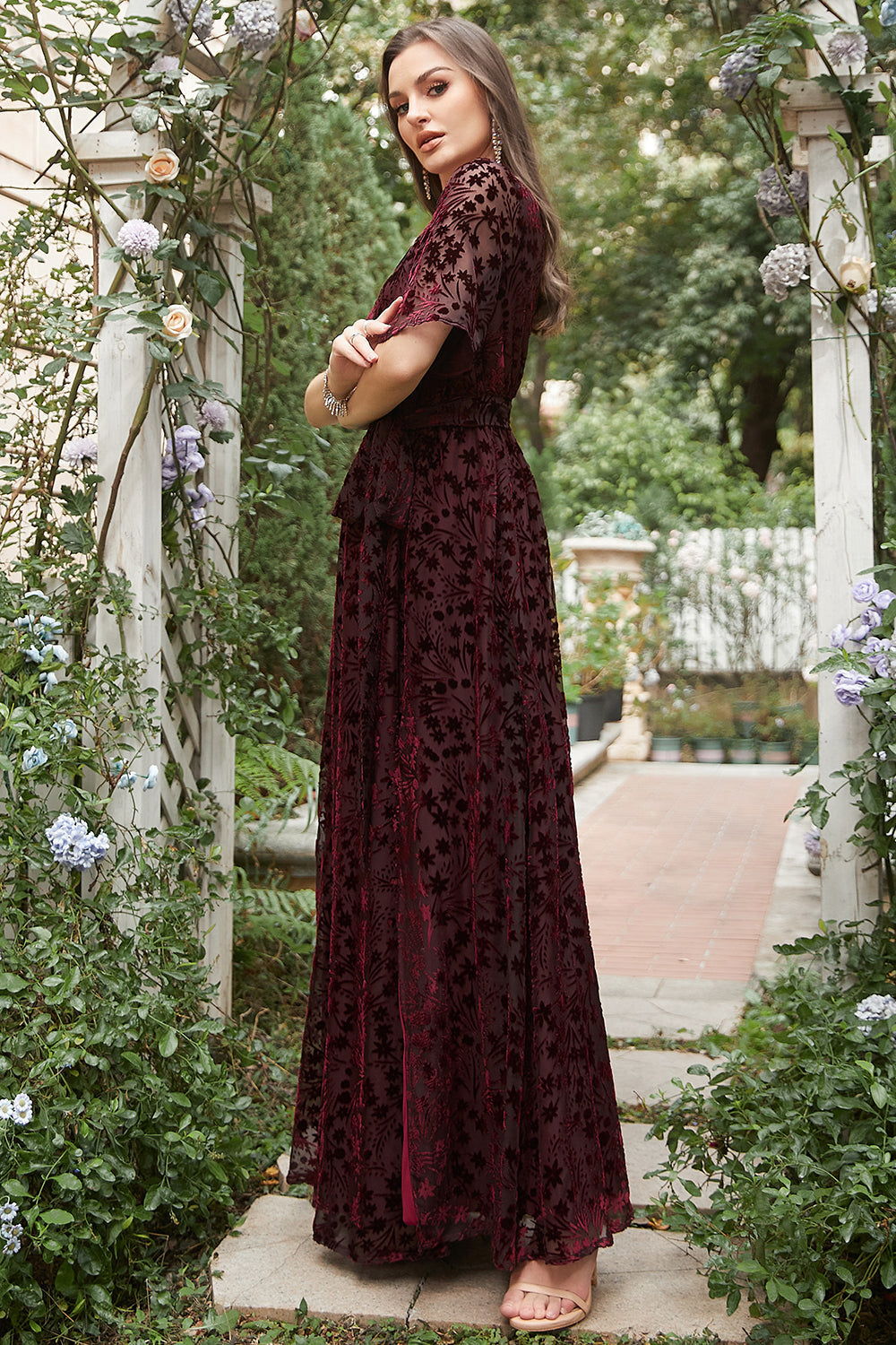 Wedtrend Women Rust Burnout Velvet Bridesmaid Dress with Short Sleeve A-Line V Neck Split Front Floor Length Wedding Party Dress WEDTREND Wedtrend Women Rust Burnout Velvet Bridesmaid Dress with Short Sleeve A-Line V Neck Split Front Floor Length Wedding Party Dress WEDTREND