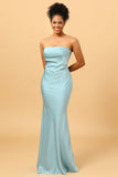 Grey Blue Mermaid Strapless Floor Length Satin Bridesmaid Dress