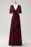 Dark Green A-Line V Neck Burnout Velvet Floor Length Dress with Short Sleeve