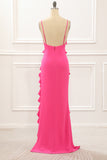 Hot Pink Sheath Spaghetti Straps Long Wedding Guest Dress with Ruffles