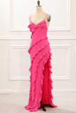 Hot Pink Sheath Spaghetti Straps Maxi Dress with Ruffles Slit