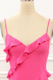 Hot Pink Sheath Spaghetti Straps Long Wedding Guest Dress with Ruffles