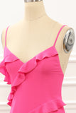 Hot Pink Sheath Spaghetti Straps Maxi Dress with Ruffles Slit