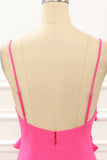 Hot Pink Sheath Spaghetti Straps Maxi Dress with Ruffles Slit