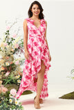 Pink Flower A Line V Neck High Low Chiffon Wedding Guest Dress with Ruffles