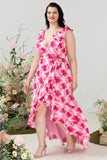 Pink Flower A Line V Neck High Low Chiffon Plus Size Wedding Guest Dress with Ruffles