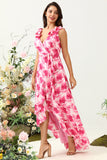 Pink Flower A Line V Neck High Low Chiffon Wedding Guest Dress with Ruffles