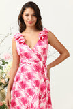 Pink Flower A Line V Neck High Low Chiffon Wedding Guest Dress with Ruffles