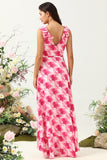 Pink Flower A Line V Neck High Low Chiffon Wedding Guest Dress with Ruffles