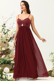 Burgundy A Line Spaghetti Straps Chiffon Bridesmaid Dress with Ruffles