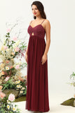 Burgundy A Line Spaghetti Straps Chiffon Bridesmaid Dress with Ruffles