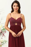 Burgundy A Line Spaghetti Straps Chiffon Bridesmaid Dress with Ruffles