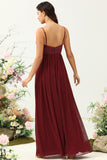 Burgundy A Line Spaghetti Straps Chiffon Bridesmaid Dress with Ruffles