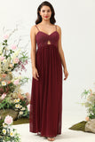 Burgundy A Line Spaghetti Straps Chiffon Bridesmaid Dress with Ruffles