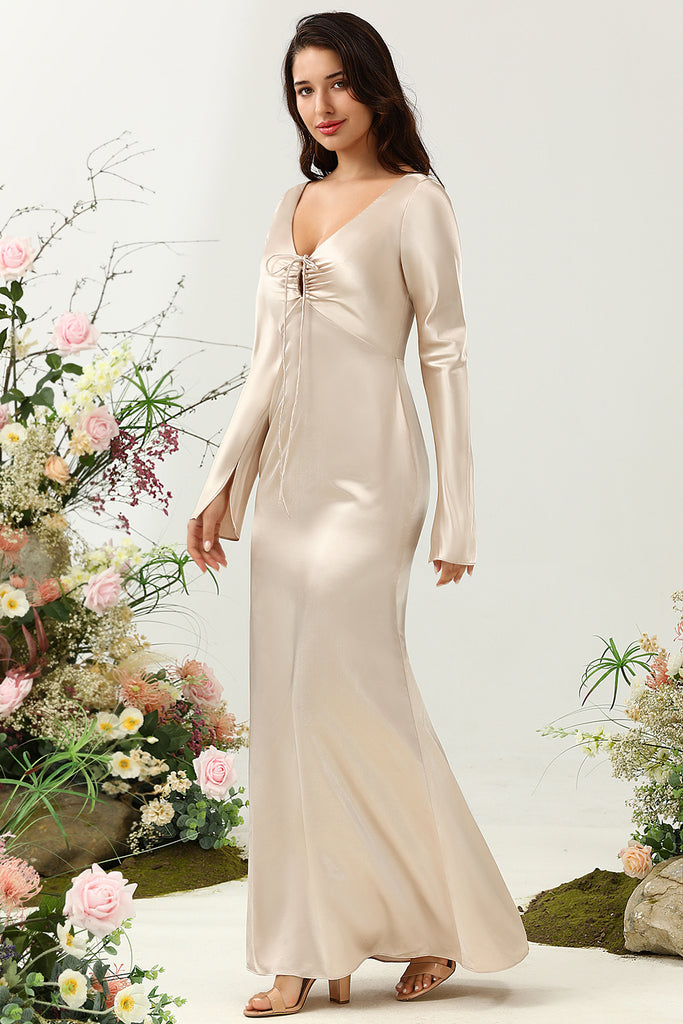V Neck Champagne Custom Cheap Long Bridesmaid Dresses Online, WG351