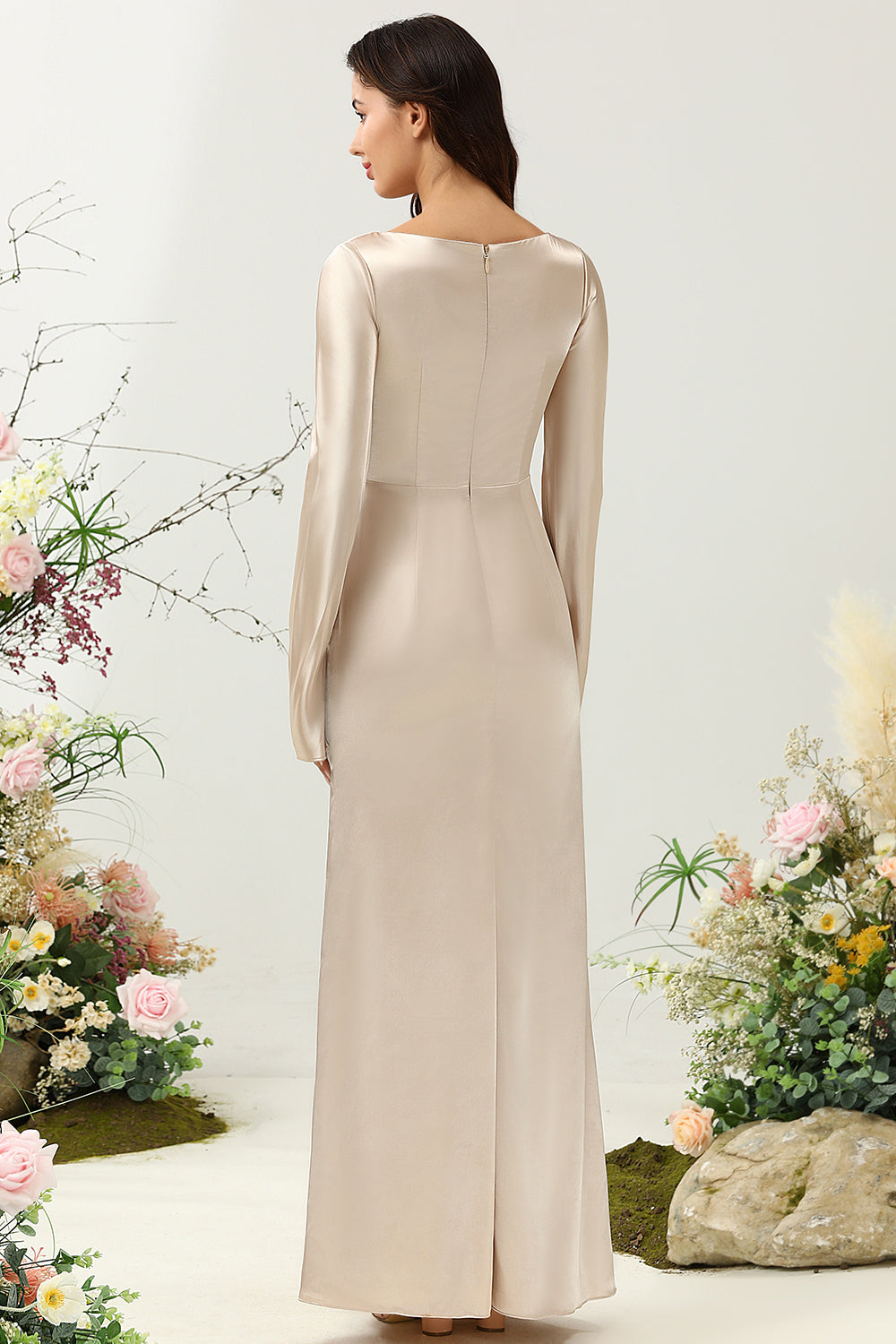 Champagne A Line V Neck Satin Bridesmaid Dress with Long Sleeves