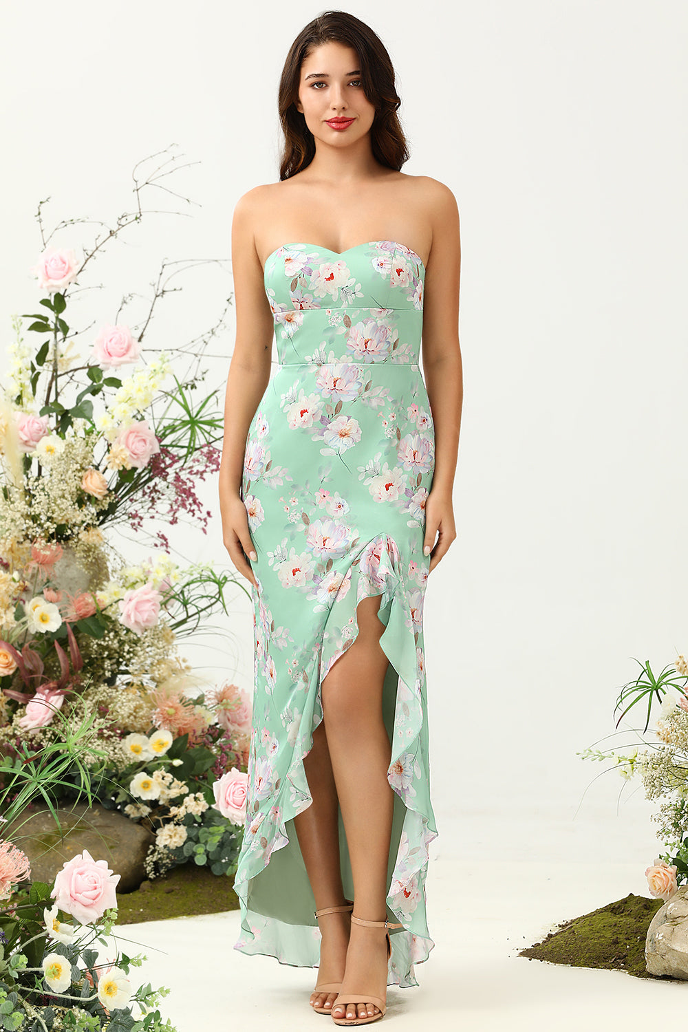 Light Green Sheath Spaghetti Straps Floral Printed Bridesmaid Dress with Split Front