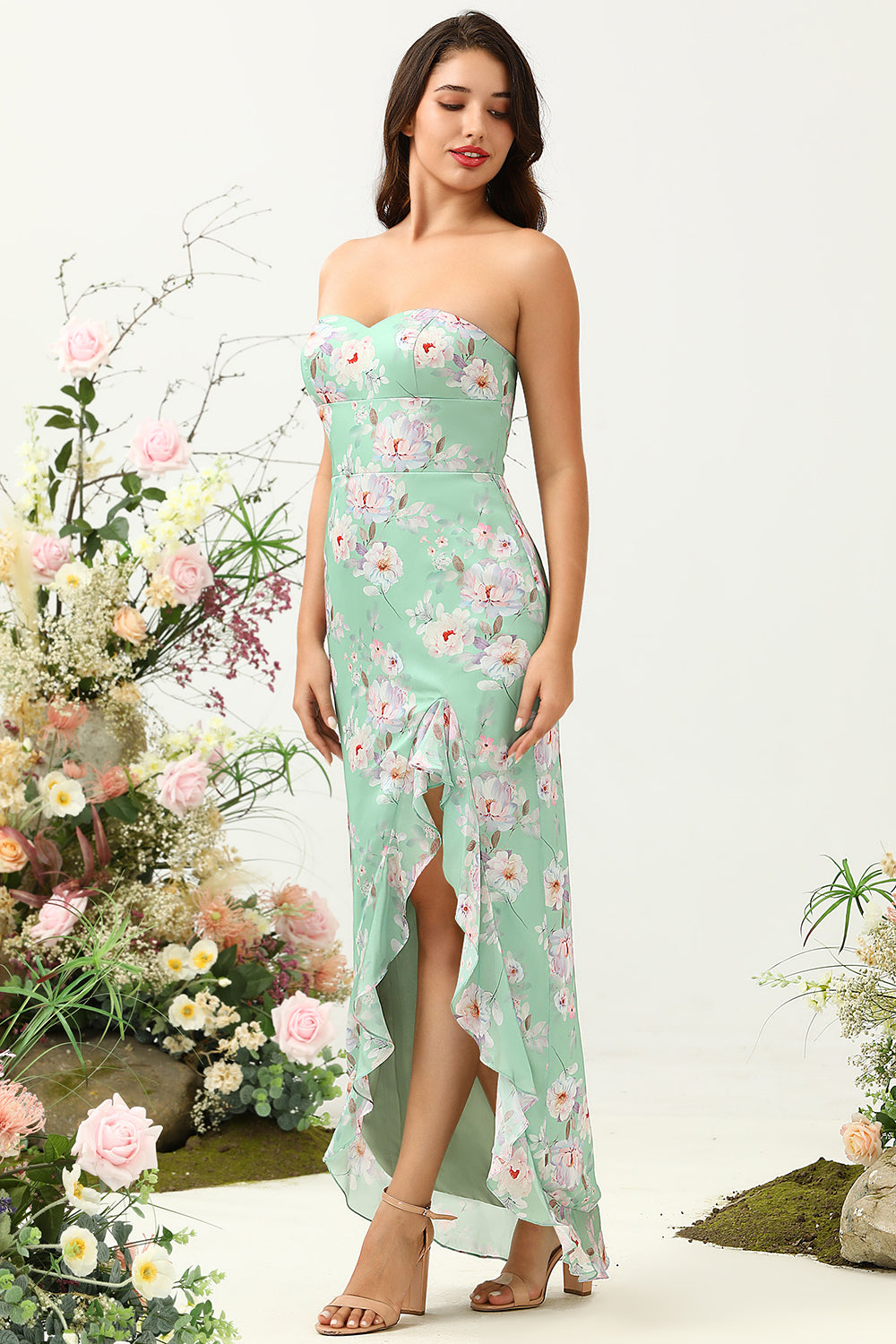 Light Green Sheath Spaghetti Straps Floral Printed Bridesmaid Dress with Split Front