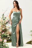 Eucalyptus A Line Strapless Ruched Satin Bridesmaid Dress with Slit