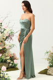 Eucalyptus A Line Strapless Ruched Satin Bridesmaid Dress with Slit