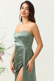 Eucalyptus A Line Strapless Ruched Satin Bridesmaid Dress with Slit