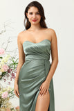 Eucalyptus A Line Strapless Ruched Satin Bridesmaid Dress with Slit