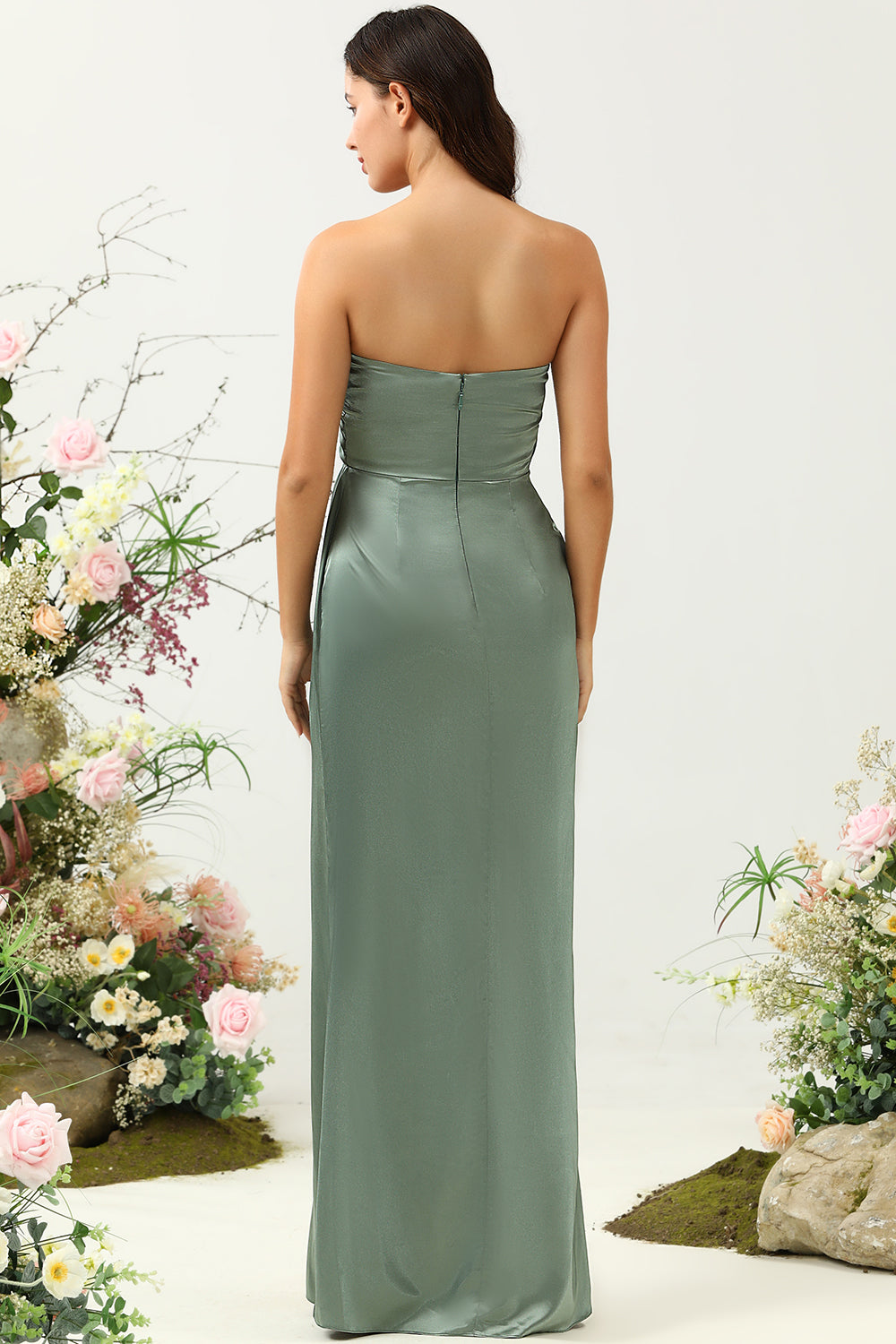Wedtrend Women Eucalyptus Satin Bridesmaid Dress A Line Strapless Ruched Wedding Party Dress with Slit WEDTREND Wedtrend Women Eucalyptus Satin Bridesmaid Dress A Line Strapless Ruched Wedding Party Dress with Slit WEDTREND