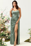 Eucalyptus A Line Strapless Ruched Satin Bridesmaid Dress with Slit