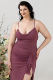 Desert Rose Spaghetti Straps Draped Chiffon Plus Size Bridesmaid Dress with Slit