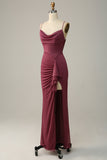 Desert Rose Spaghetti Straps Draped Chiffon Bridesmaid Dress with Slit