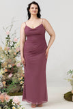 Desert Rose Sheath Spaghetti Straps Draped Chiffon Plus Size Bridesmaid Dress