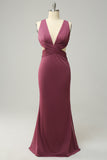 Desert Rose Sheath V Neck Cut Out Chiffon Bridesmaid Dress