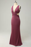 Desert Rose Sheath V Neck Cut Out Chiffon Bridesmaid Dress