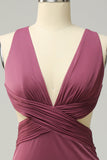 Desert Rose Sheath V Neck Cut Out Chiffon Bridesmaid Dress