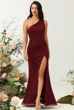 Burgundy Mermaid One Shoulder Chiffon Bridesmaid Dress with Slit