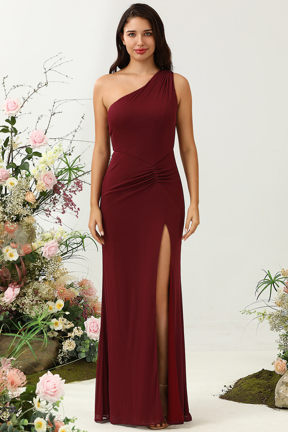 Wedtrend Women Burgundy Bridesmaid Dress Mermaid One Shoulder Long Wedding Party Dress with Slit WEDTREND Wedtrend Women Burgundy Bridesmaid Dress Mermaid One Shoulder Long Wedding Party Dress with Slit WEDTREND