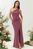 Burgundy Mermaid One Shoulder Ruched Long Bridesmaid Dress with Slit