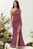 Burgundy Mermaid One Shoulder Ruched Long Bridesmaid Dress with Slit