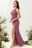 Burgundy Mermaid One Shoulder Ruched Long Bridesmaid Dress with Slit
