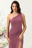 Burgundy Mermaid One Shoulder Ruched Long Bridesmaid Dress with Slit