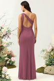 Burgundy Mermaid One Shoulder Ruched Long Bridesmaid Dress with Slit