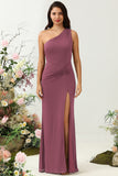 Burgundy Mermaid One Shoulder Ruched Long Bridesmaid Dress with Slit