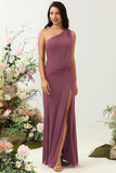 Burgundy Mermaid One Shoulder Ruched Long Bridesmaid Dress with Slit