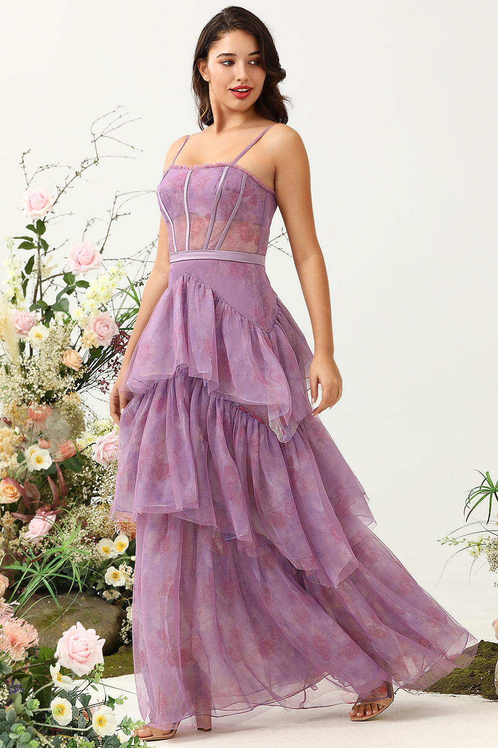 Wedtrend Women Purple A Line Spaghetti Straps Tulle Corset Tiered Wedding Guest Dress, Purple / US26W