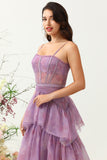 Purple A Line Spaghetti Straps Tulle Corset Tiered Wedding Guest Dress